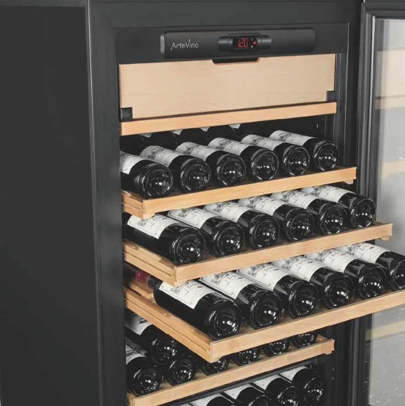 artevino oxygen wine cooler silver glass door 151 bottle capacity triple zone wooden shelves