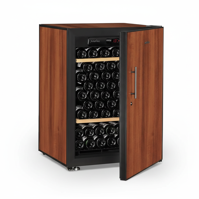Wooden wine cooler with bottles inside on a white background