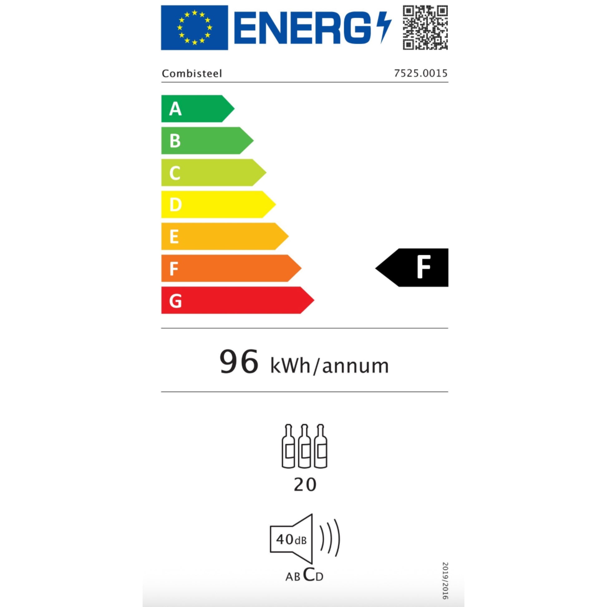 Energy efficiency label with a rating scale from A to F, showing 96 kWh/year consumption, and various icons below.