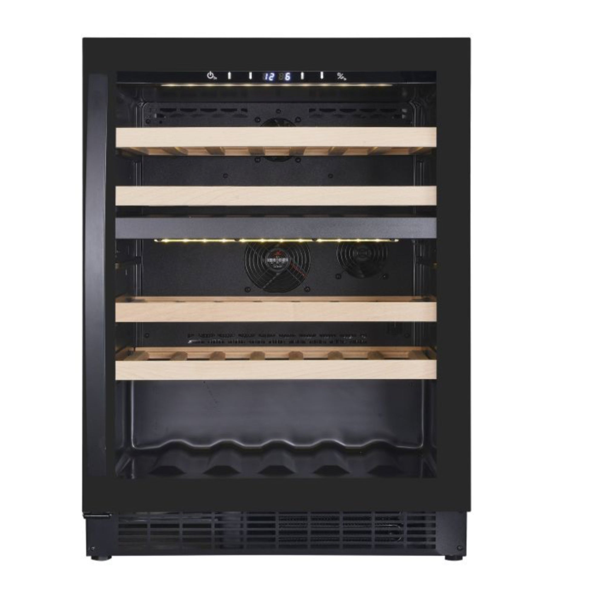 Wine cooler with wooden shelves on a white background