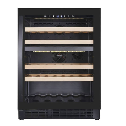 Wine cooler with wooden shelves on a white background