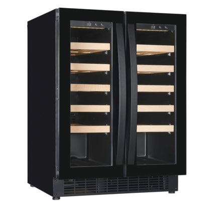 Black wine cooler with glass doors on a white background