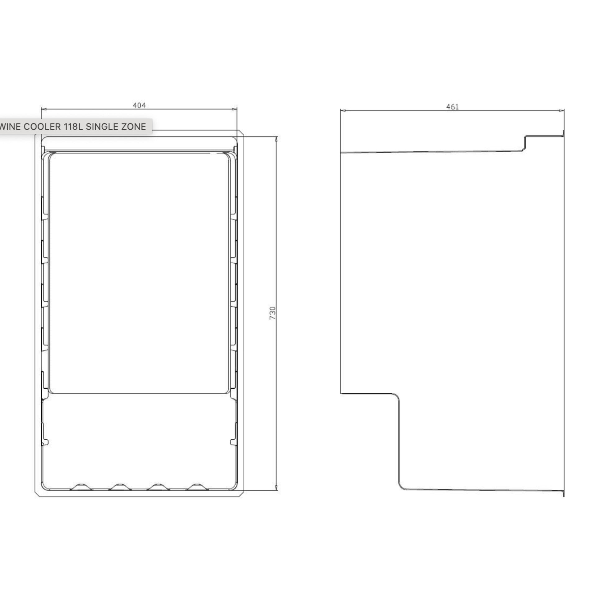 Technical drawing of a wine cooler with dimensions on a white background