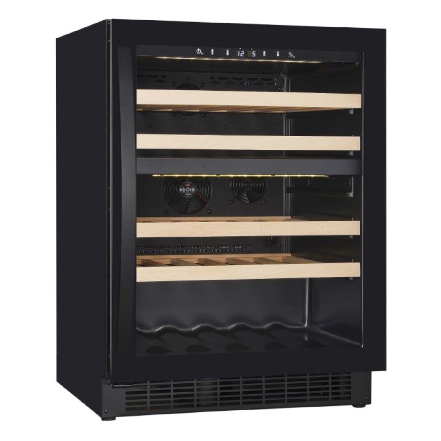 Black wine cooler with multiple shelves on a white background