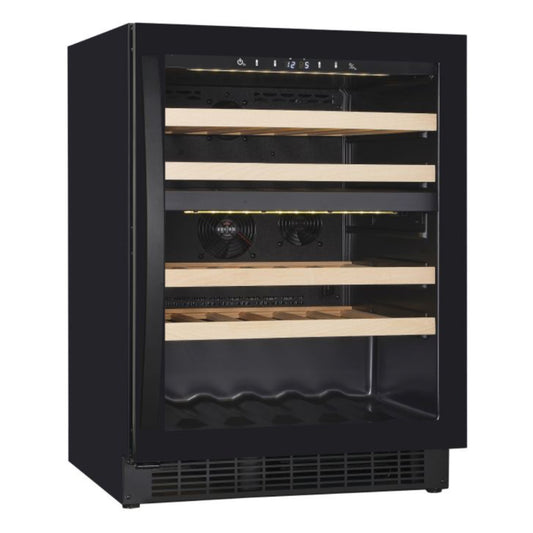 Black wine cooler with multiple shelves on a white background