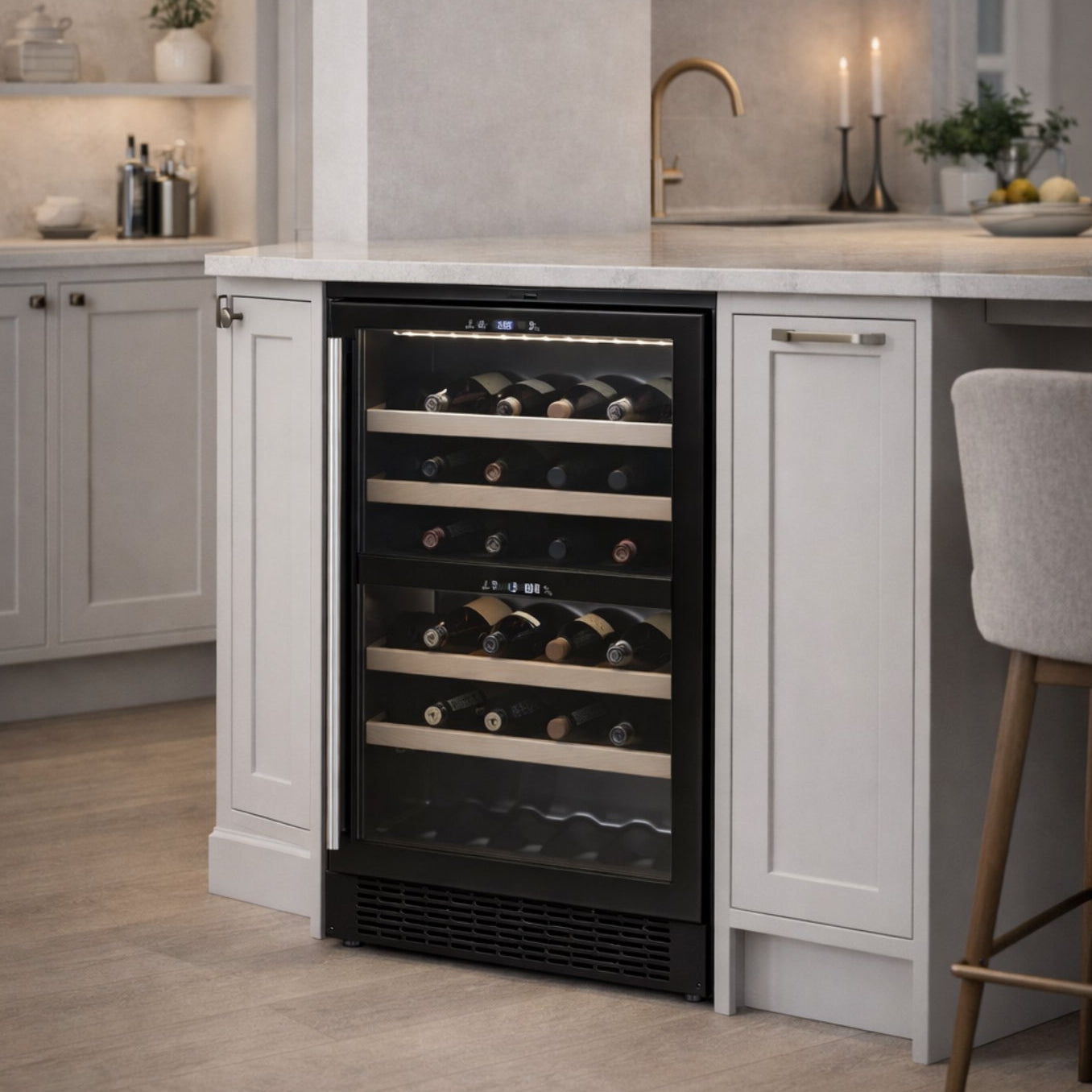 Wine cooler integrated into a kitchen with gray cabinets and white countertops.