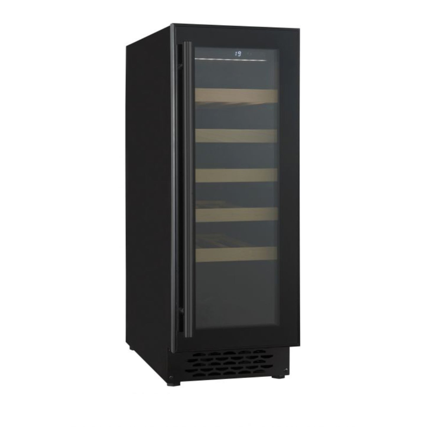 Black wine cooler with glass door on a white background