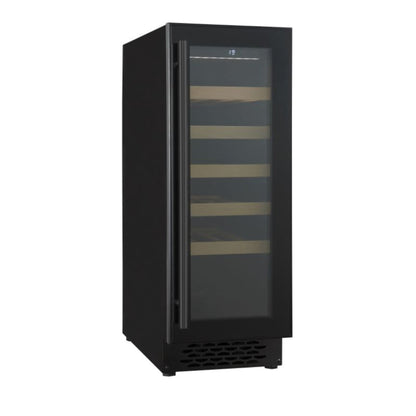 Black wine cooler with glass door on a white background