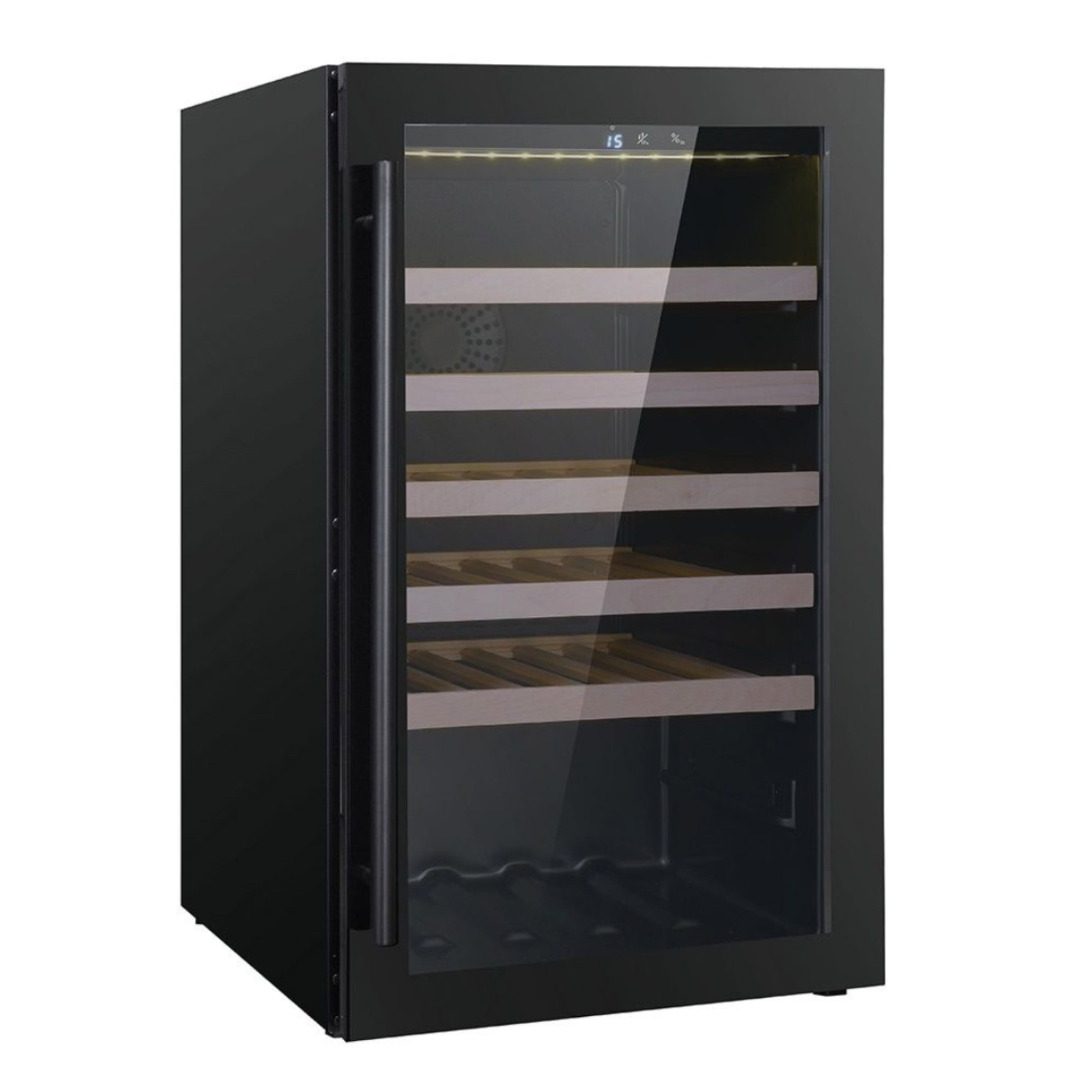 Black wine cooler with glass door on a white background