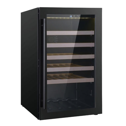 Black wine cooler with glass door on a white background