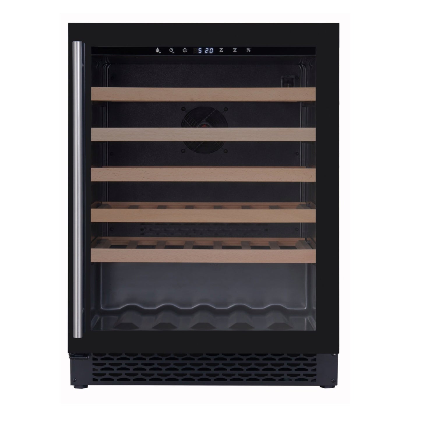 Wine cooler with wooden shelves on a white background