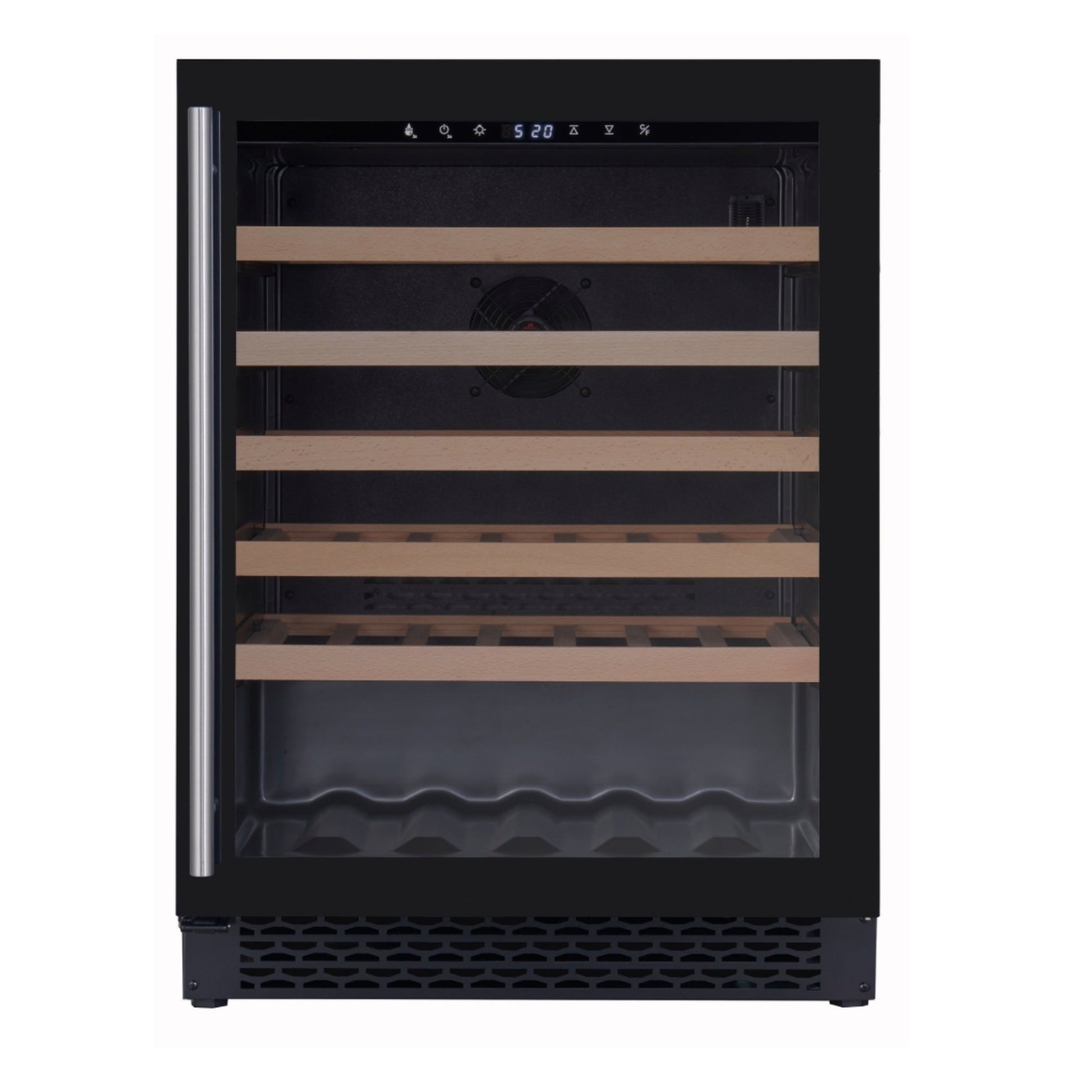 Wine cooler with wooden shelves on a white background