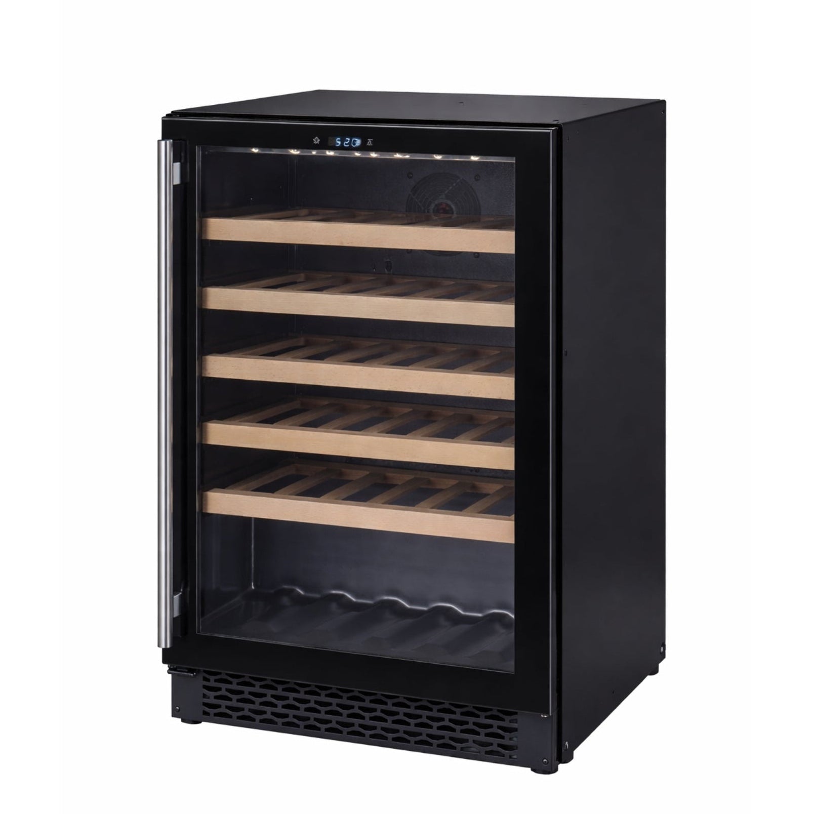 Black wine cooler with glass door on a white background