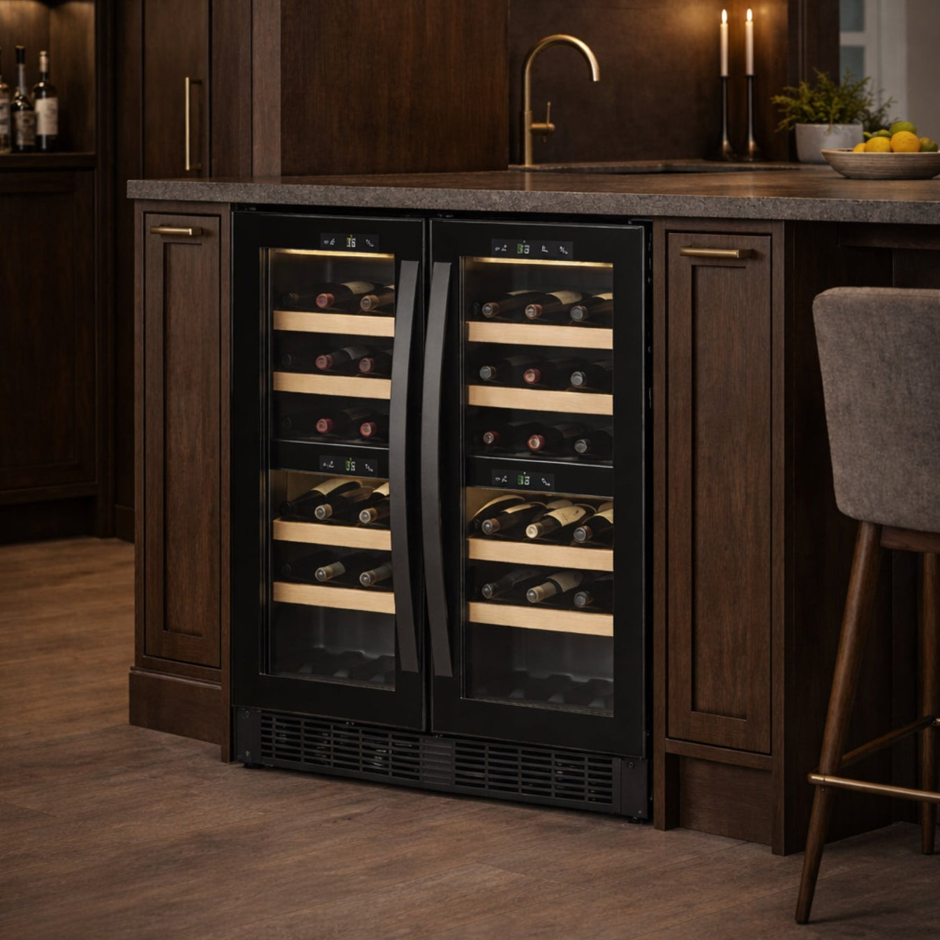 Wine cooler in a modern kitchen setting with wooden cabinets and dark flooring.