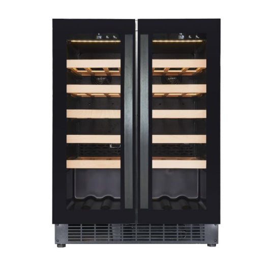 Black wine cooler with glass doors on a white background