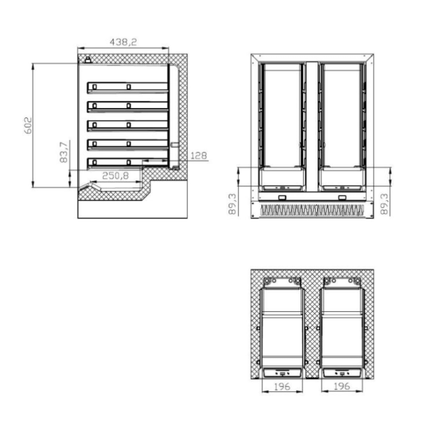 Technical drawing of a kitchen cabinet with dimensions