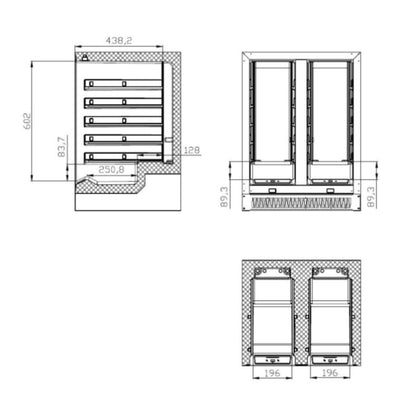 Technical drawing of a kitchen cabinet with dimensions