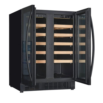 Black wine cooler with open doors on a white background