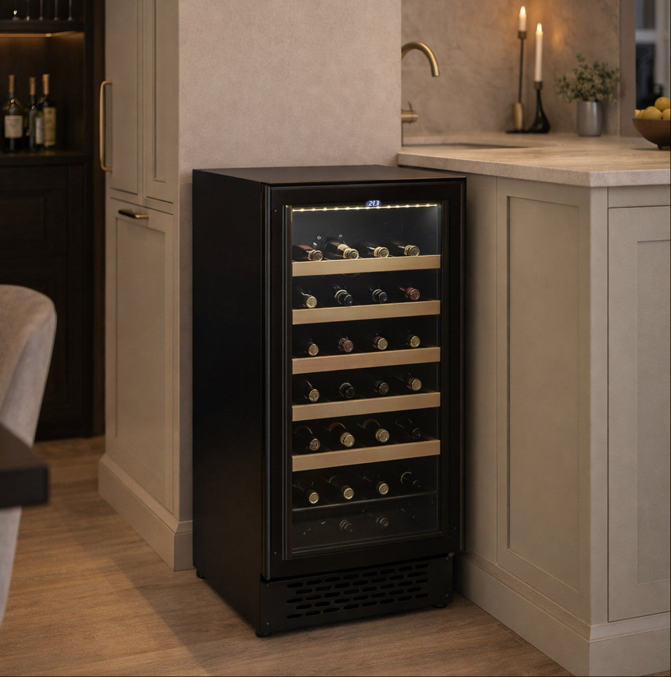Black wine cooler in a kitchen setting with a countertop and cabinets.