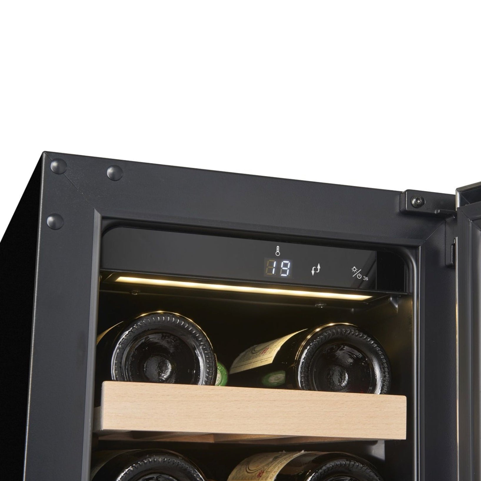 Wine cooler with digital display and wine bottles inside, on a white background