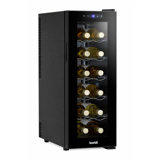Black wine cooler with glass door displaying wine bottles on a white background