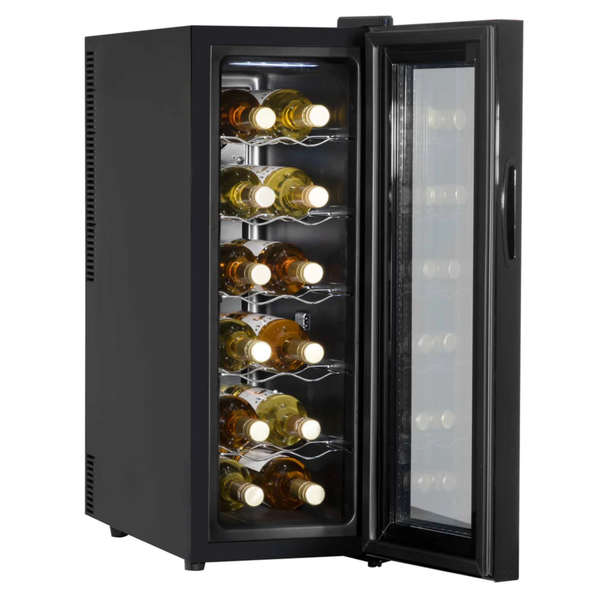 Black wine cooler with open door displaying bottles of wine on a white background