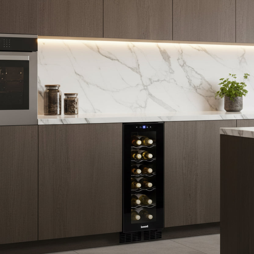 Modern kitchen with a wine cooler integrated into the cabinetry.