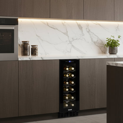 Modern kitchen with a wine cooler integrated into the cabinetry.
