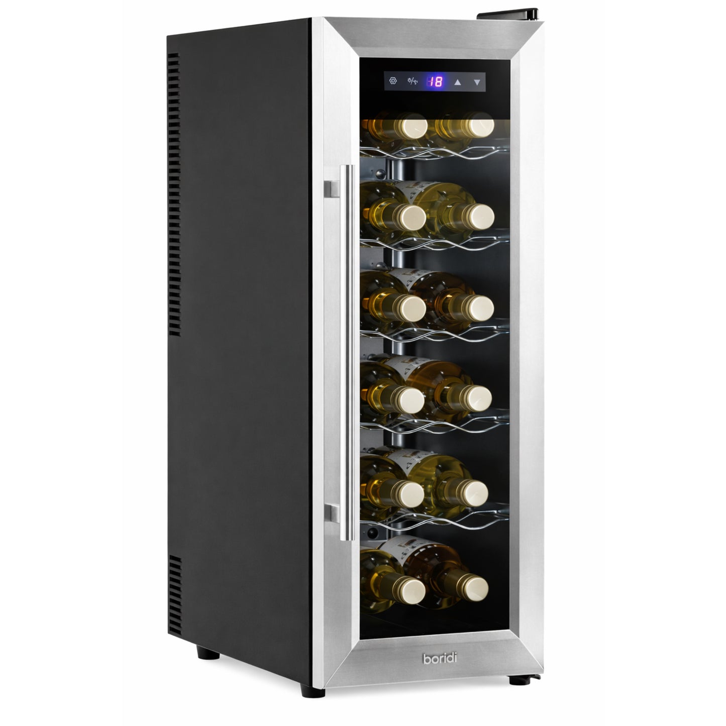 Wine cooler with glass door displaying wine bottles on a white background