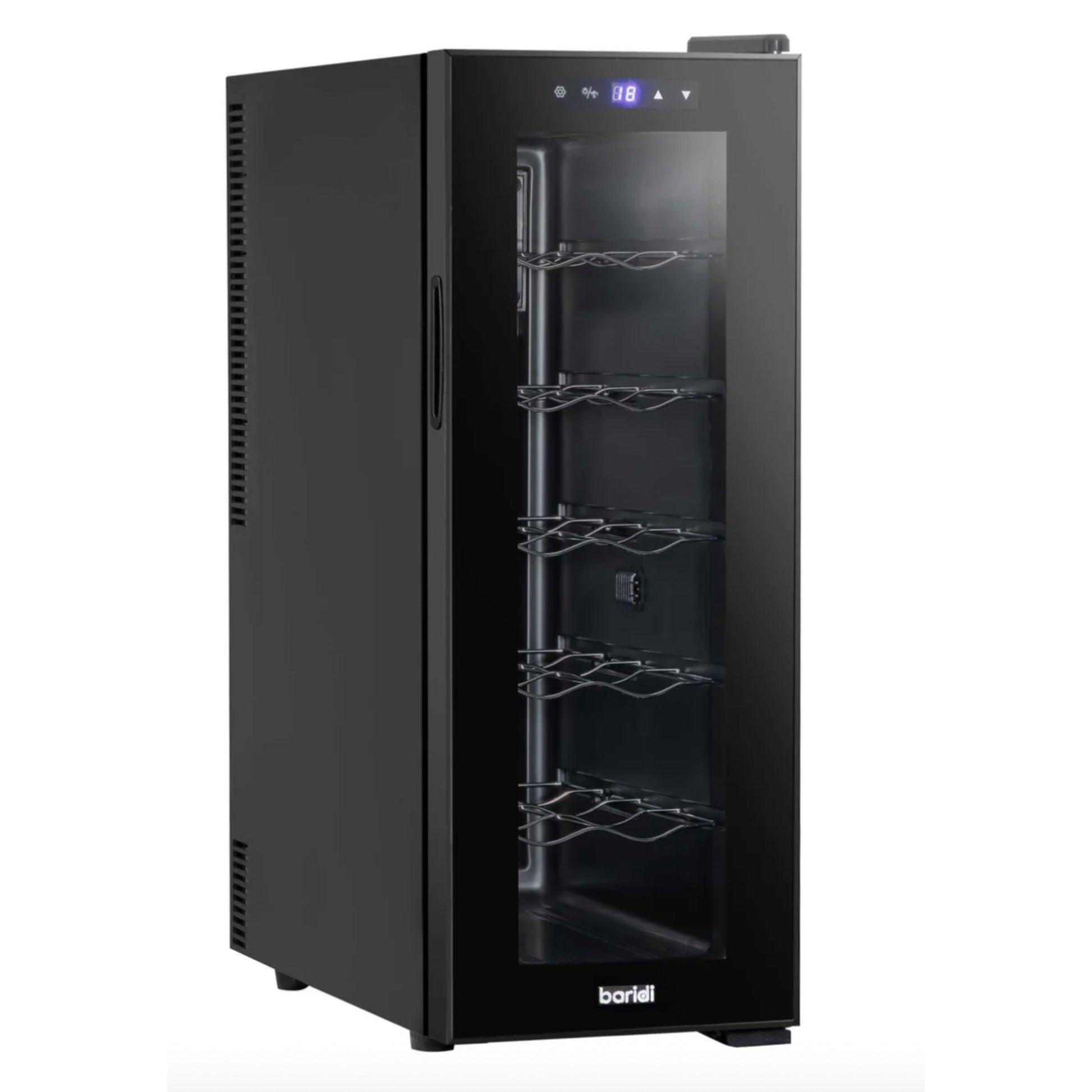 Black wine cooler with glass door on a white background