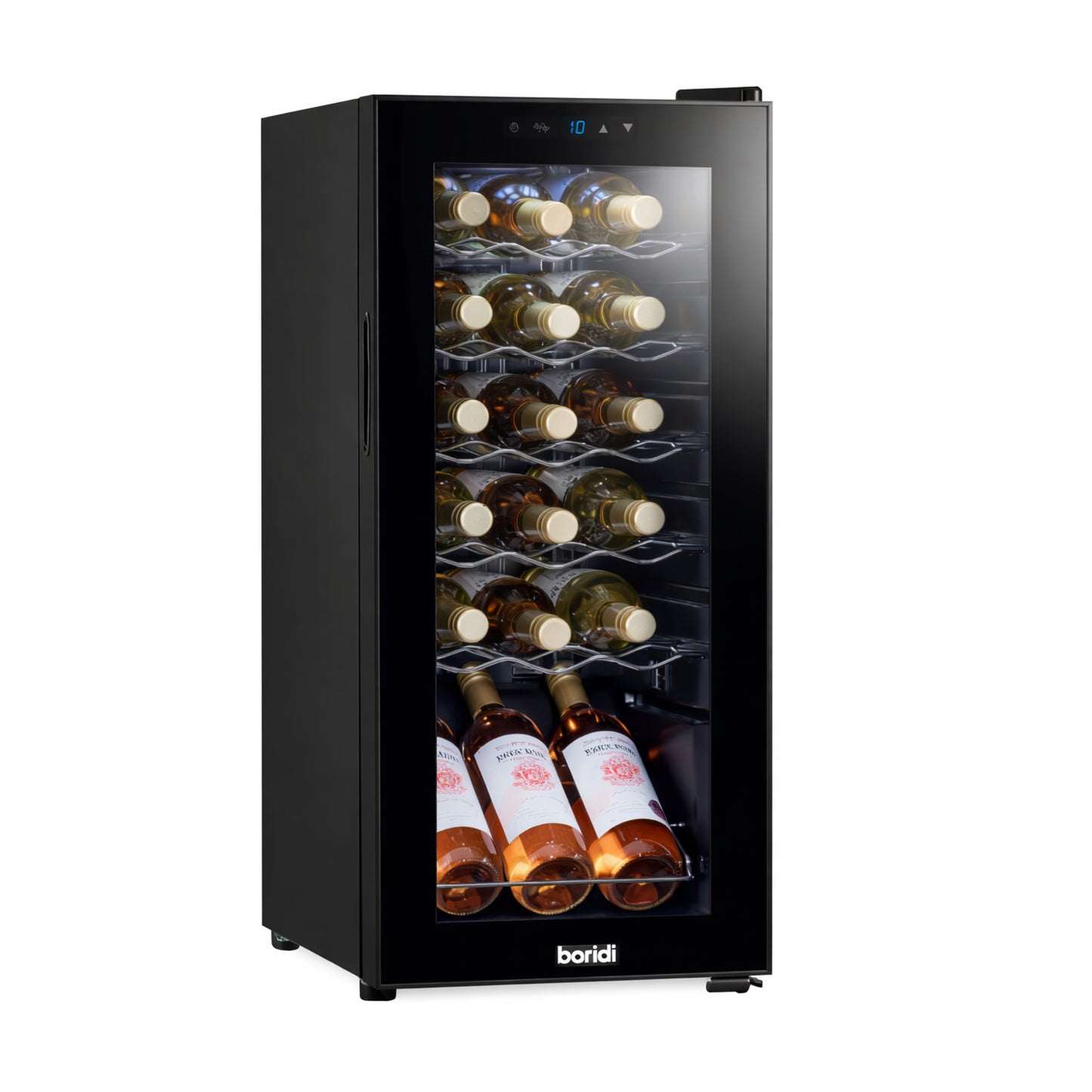 Black wine cooler with glass door displaying wine bottles on a white background
