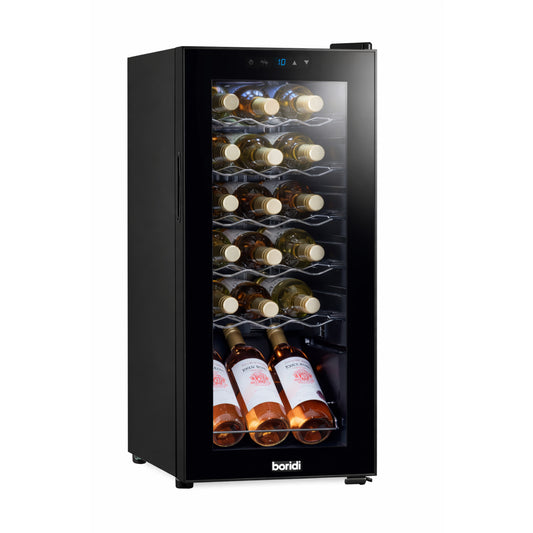 Black wine cooler with glass door displaying wine bottles on a white background