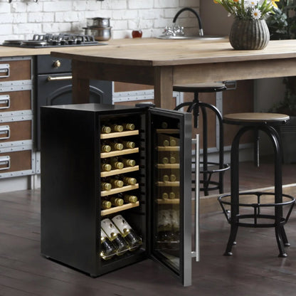 Wine cooler integrated into a kitchen island with bottles inside, surrounded by bar stools.