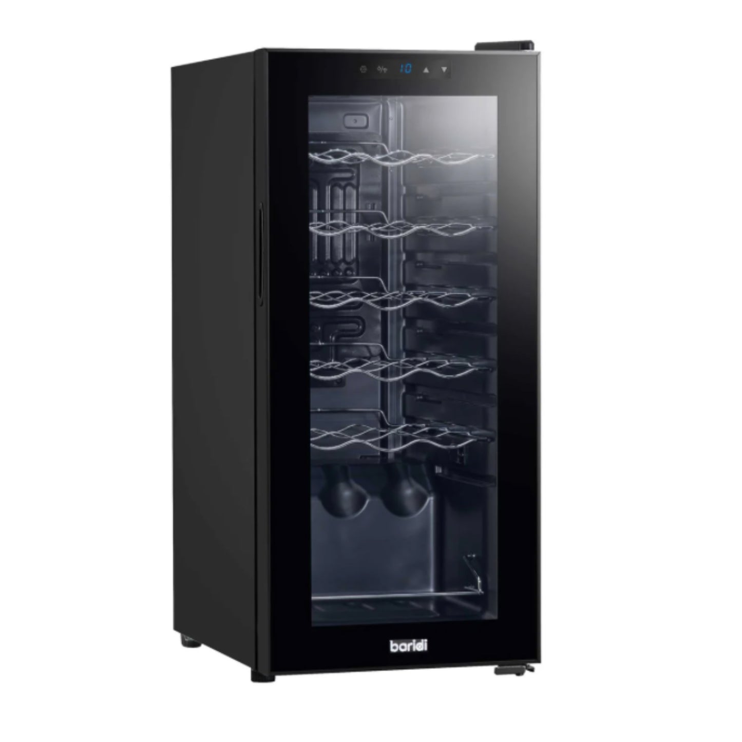 Black wine cooler with glass door on a white background