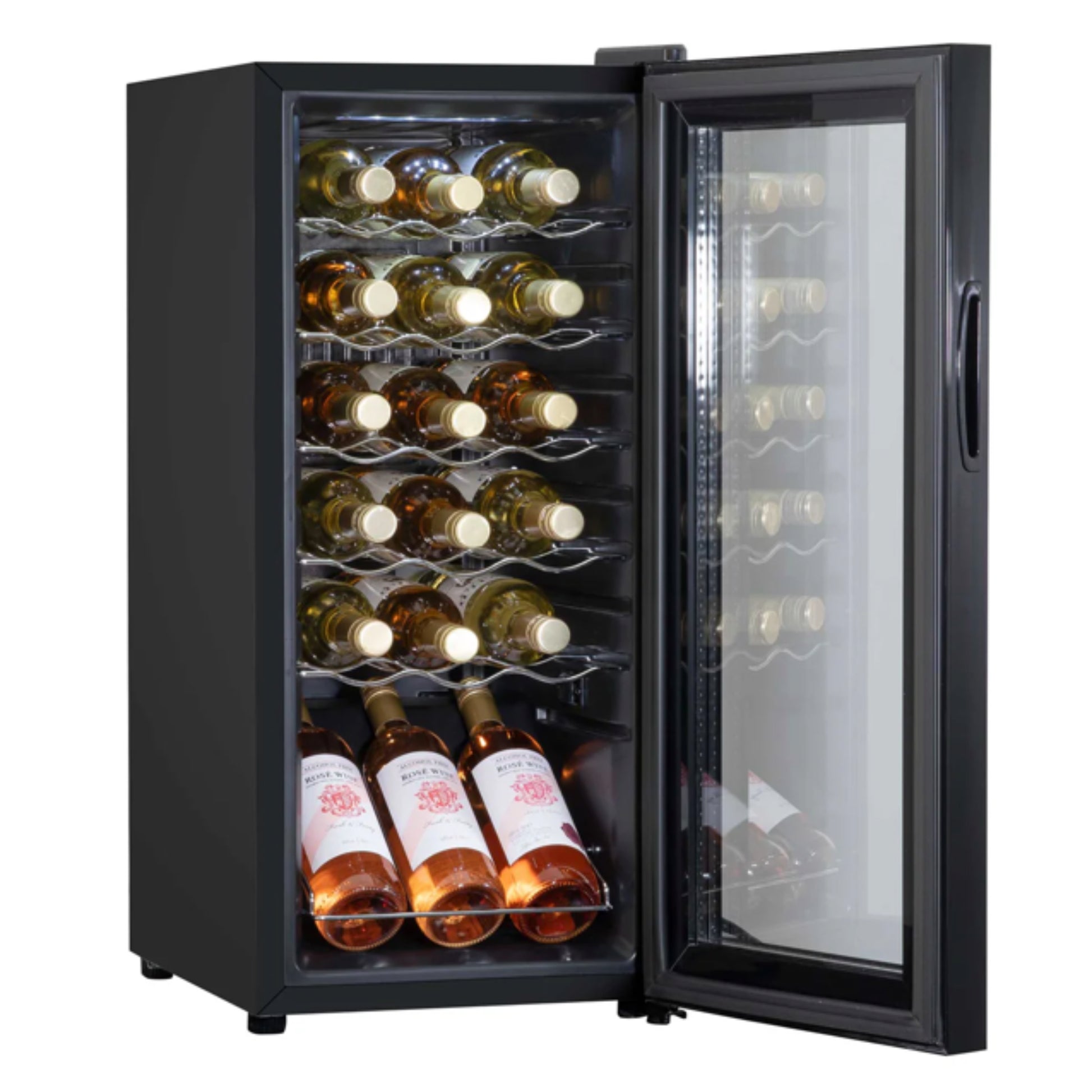 Wine cooler with open door displaying various bottles of wine.