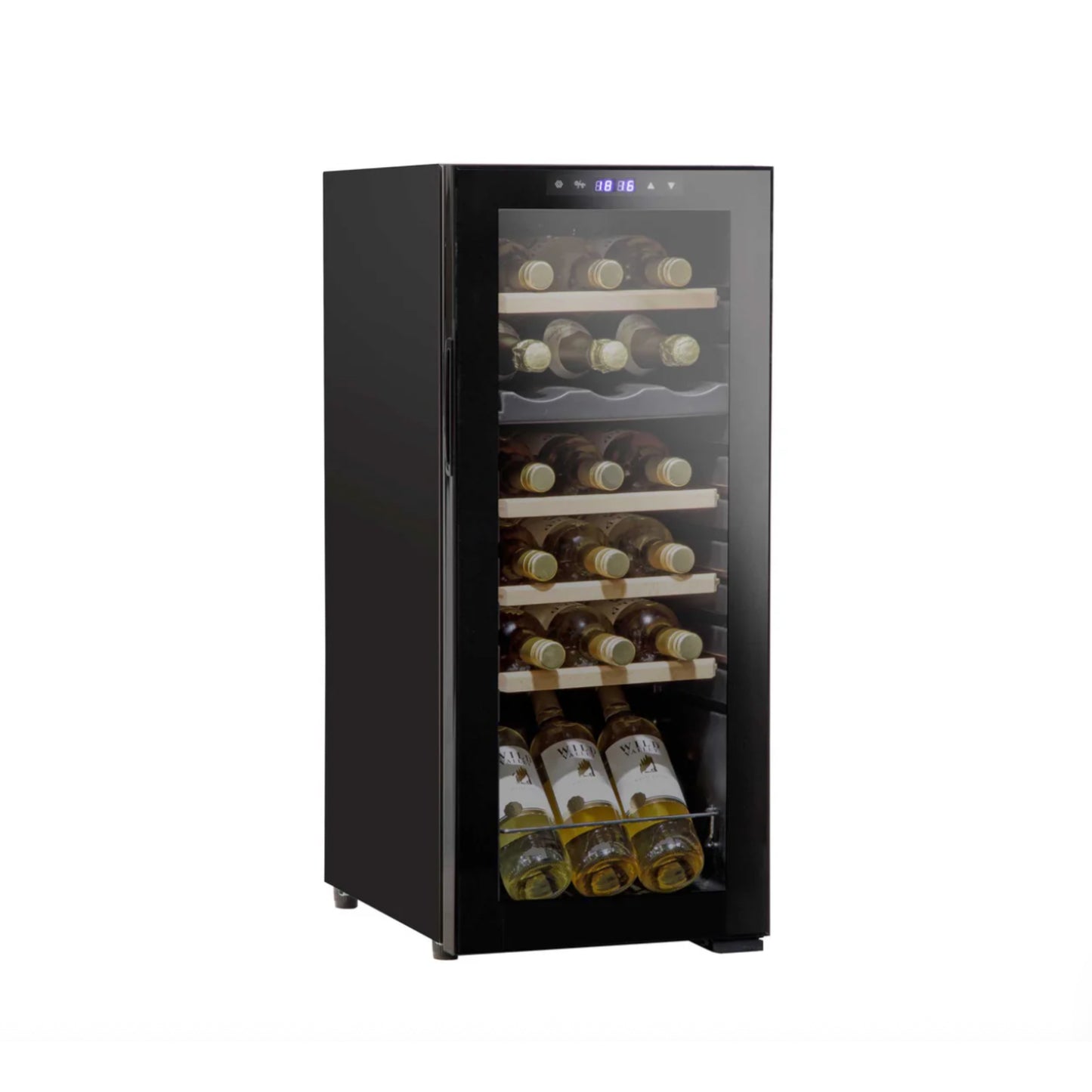 Black wine cooler with glass door displaying wine bottles on a white background