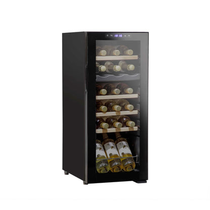 Black wine cooler with glass door displaying wine bottles on a white background