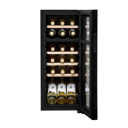Black wine cooler with open door displaying bottles inside on a white background