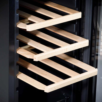 Wooden wine rack inside a black wine cooler