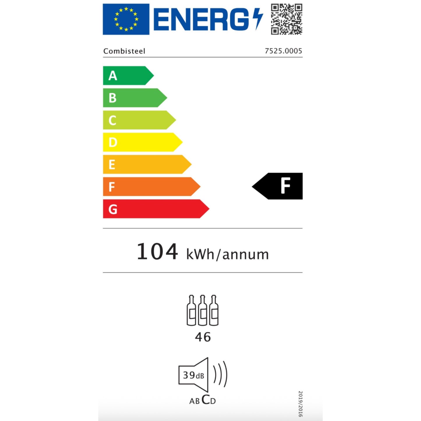 Energy efficiency label with a rating of F and various icons on a white background