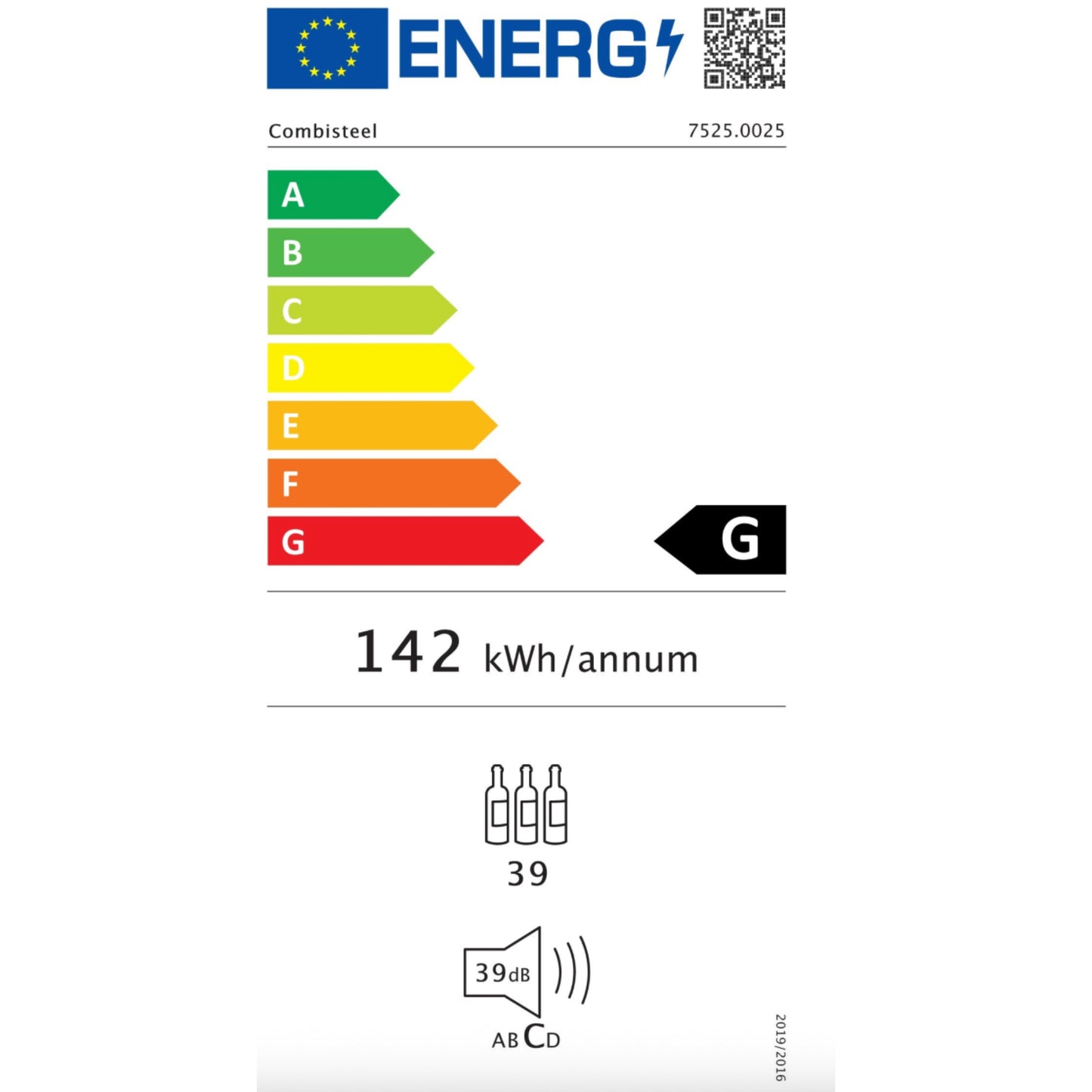 Energy efficiency label with a color bar and numerical data on a white background