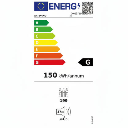 Energy label with a rating scale from A to G, kWh/year, and other icons on a white background.