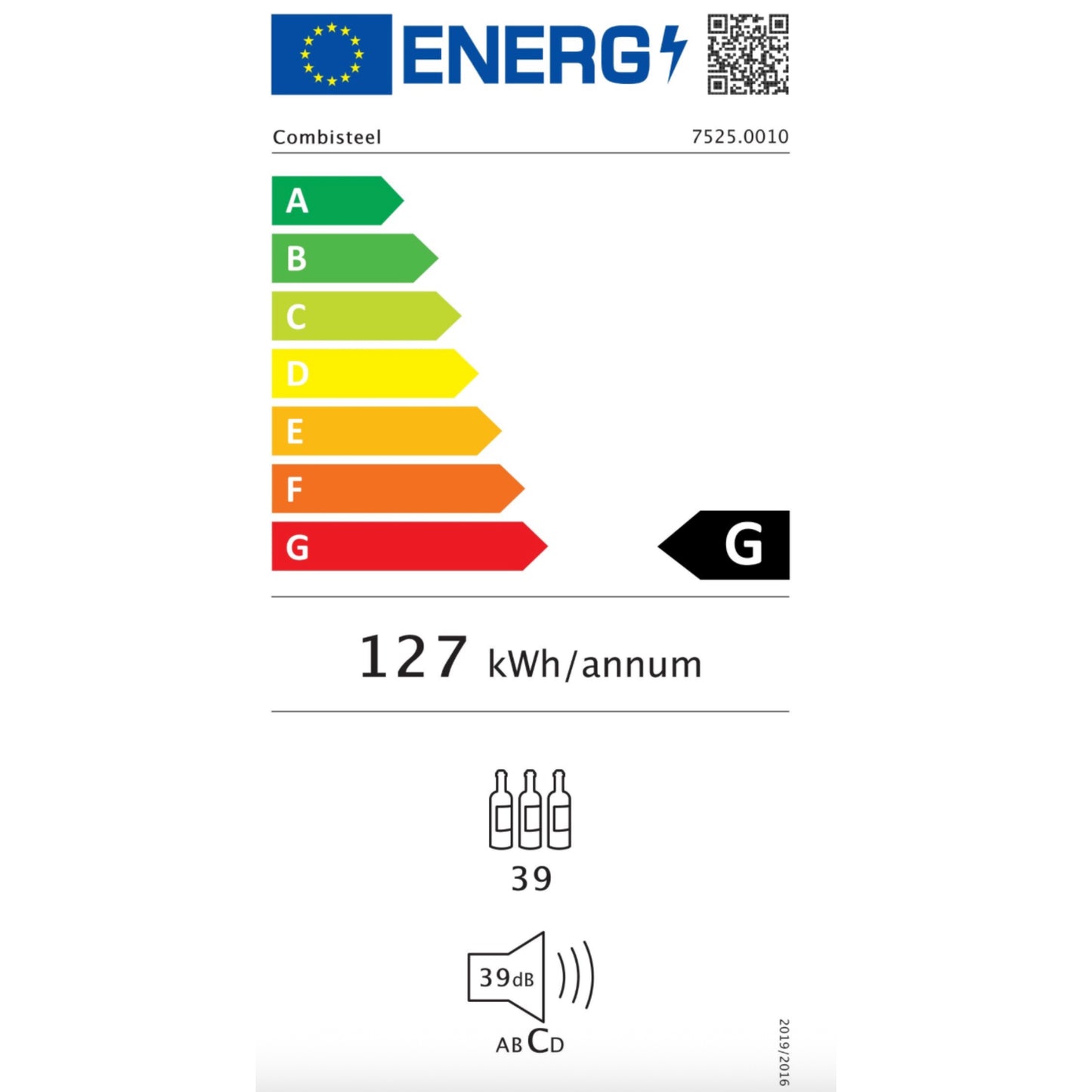 Energy efficiency label with a color bar and numerical data on a white background