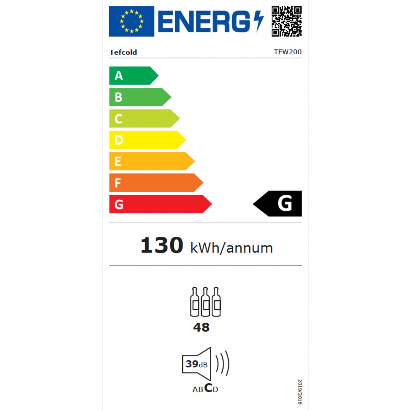 Energy efficiency label with color-coded rating system and numerical value on a white background