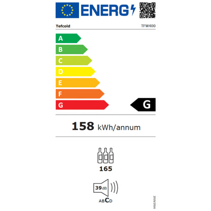 Energy efficiency label with color-coded rating system and numerical values on a white background
