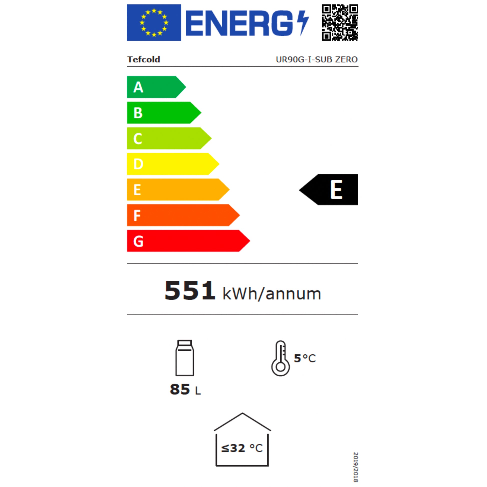 Energy efficiency label with color-coded rating system and additional icons on a white background