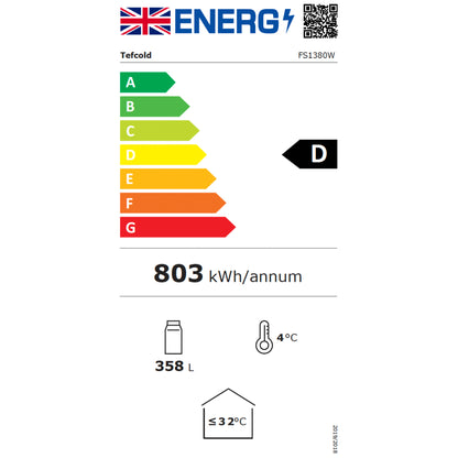 Energy efficiency label for a refrigerator with British flag and ENERGIE logo.