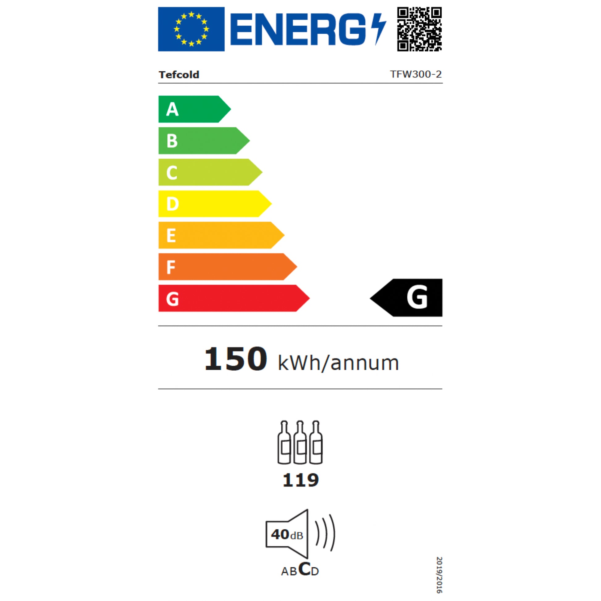 Energy efficiency label with color-coded rating system and numerical values on a white background