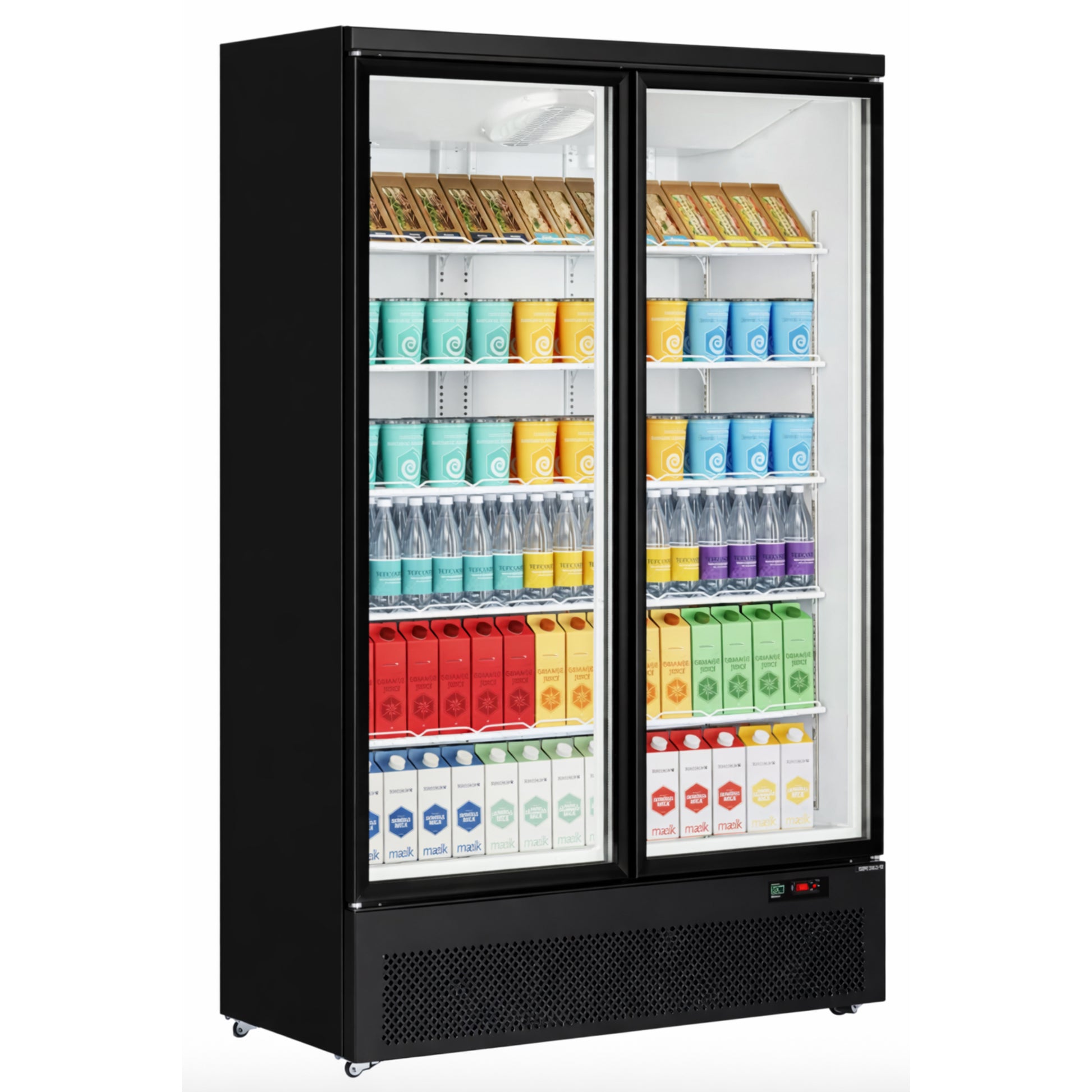 Double-door refrigerator with colorful drinks on a white background