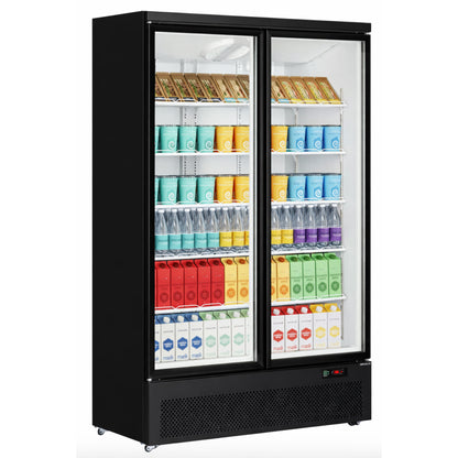 Double-door refrigerator with colorful drinks on a white background